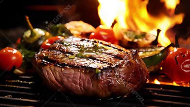 Food, video clip, a close-up of a sizzling steak on a hot grill.no.02