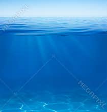 Sea or ocean water surface and underwater split by waterline