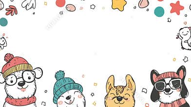 Vibrant doodle illustrations feature happy dogs wearing winter hats and accessories, surrounded by colorful shapes and