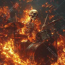Fiery skeleton drummer playing in an inferno