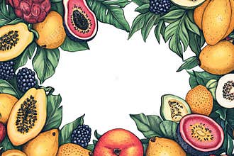 tropical fruit border, vibrant fruit border pattern doodle with tropical fruits like mangoes, papayas, and passion