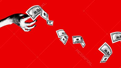 Promotional material for fundraiser, charity, wealth distribution event. Stop motion, animation. Male hand and flying