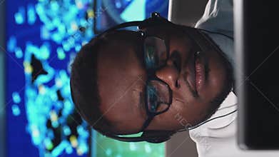 Workplace of the air traffic controllers in the control tower. Team of professional aircraft control officers works