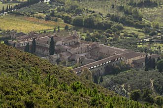 Panoramic aerial view of the Certosa di Calci, Pisa, Italy and its surroundings