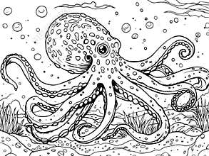 Large octopus at the bottom of the sea. Coloring book or Coloring page for kids. Generative ai.