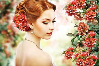 Relaxation. Profile of Red Hair Beauty over Natural Floral Background. Nature. Blossom