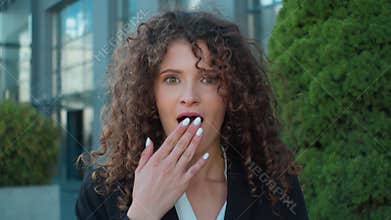 Shocked surprised amazed Caucasian woman businesswoman manager female student lady business portrait girl open mouth