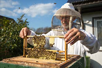 Beekeeper caring for bee colony