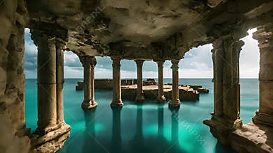 Lost civilization of Atlantis deep in the ocean. Underwater ruins. Magic blue ocean with ancient antique ruins, deep sea