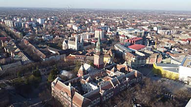 Areal view of Subotica city at sunset, Serbia, Europe. 4K.