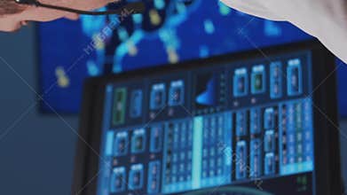 Workplace of the air traffic controllers in the control tower. Team of professional aircraft control officers works