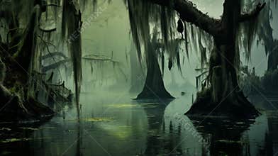 Swamp with trees and moss growing on it