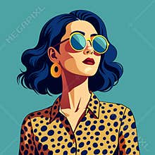a woman in a leopard print shirt and sunglasses , clip art, pink face, dressed in expensive clothes