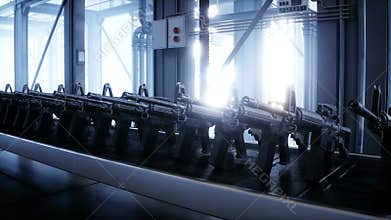 American military machine gun M 16 production line. Factory process. War concept. Realistic 4k animation.