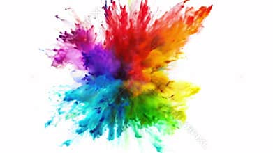 Colorful powder explosion in vibrant spectrum of rainbow colors on white background
