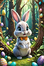 A cute and adorable rabbit find hidden easter eggs, at a whimsical forest, tree, beautiful flowers, cartoon style, bunny