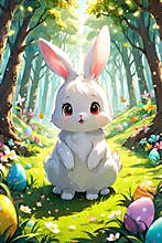 A cute rabbit and hidden easter eggs, at a whimsical forest, sunny day, flowers, cartoon, bunny