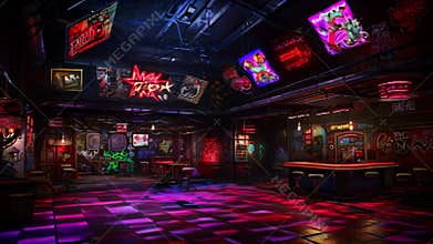 Digital painting of a night club with neon signs, 3d illustration, A lively image of an empty claustrophobic nightclub, AI