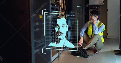 Animation of data processing with portraits over asian worker in server room