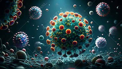 Illustration of Viruses and Cells in a microscopic environment