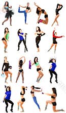 Young woman exercising collage - yoga,fitness,pilates,aerobics on isolated