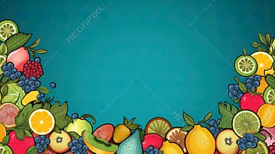 Colorful fruit border isolated on blue background.