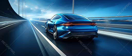 Rear view of a sleek vehicle racing with speed and precision on a high-speed highway.