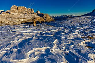 Dolomiti Alps landscape in winter at sunset