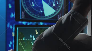 Workplace of the air traffic controllers in the control tower. Team of professional aircraft control officers works