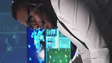 Workplace of the air traffic controllers in the control tower. Team of professional aircraft control officers works