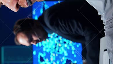 Workplace of the air traffic controllers in the control tower. Team of professional aircraft control officers works