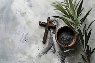 Ash Wednesday,faith, liturgy, religious ceremony background. Wooden cross, ceremonial dish with ash and olive leaf