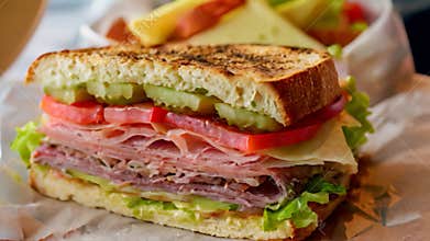 A detailed view of a classic American deli sandwich filled with meat and various vegetables, A classic American deli sandwich