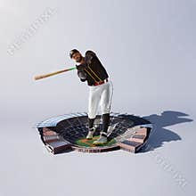 3D render. Focused man, baseball player during game with bat, playing over stadium. Giant figure above small arena