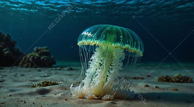 Under water world: beautiful green blue neon Jellyfish swim. copy text