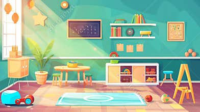 An animated parallax background for a kids playroom with montessori toys, furniture, shelves, and equipment for games
