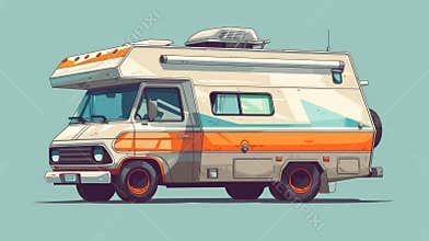 RV bus trailer illustration for summer trip. Retro family vehicle illustration. Camp truck for vacation or adventure