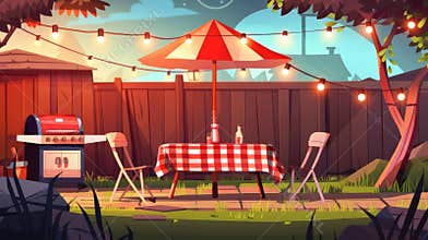 Animated cartoon illustration showing BBQ area at night with checkered tablecloth, chairs, umbrella and light garland