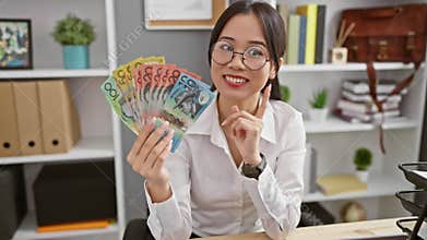 Happy chinese woman\'s eureka moment in office with australian dollars