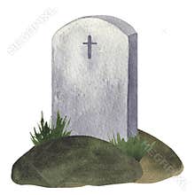 Tombstone, gray gravestone with a cross, hill, grass. Attribute of cemetery, death, Halloween. Memorial Day. Hand drawn
