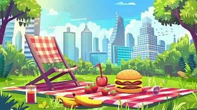 Quite relaxing picnic in the city park with snacks in a wicker basket, hamburger and fruits on the blanket, and hat on