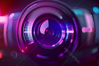 Camera lens close-up with colorful reflections