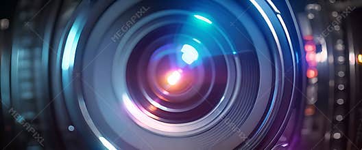 Camera lens close-up with colorful reflections