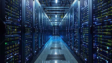 Modern Data Center with Rows of High-Tech Servers.