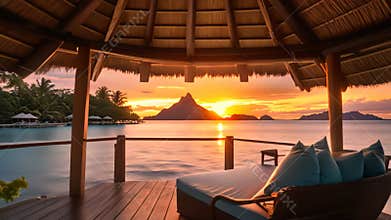 A stunning view as the sun sets over the ocean, casting a warm glow on the lounge chair positioned on the deck, Watching the