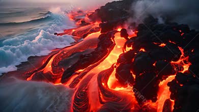 Volcanic eruption in Hawaii Volcanoes National Park, Big Island, Lava entering the ocean with many small flows