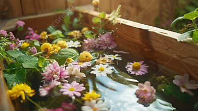 A sauna bath infused with healing herbs and flowers believed to have theutic benefits and used in alternative medicine