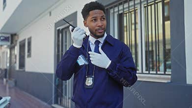 African american security guard with walkie-talkie standing on city sidewalk in uniform