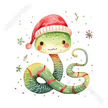 A green and red snake wearing a Santa hat. The snake is smiling and surrounded by Christmas decorations