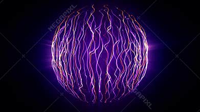 Seamless loop animation of abstract energy sphere field with purple and yellow flame lines